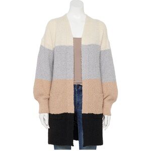 SO Striped Open Front Cardigan in Cream, Gray, and Black